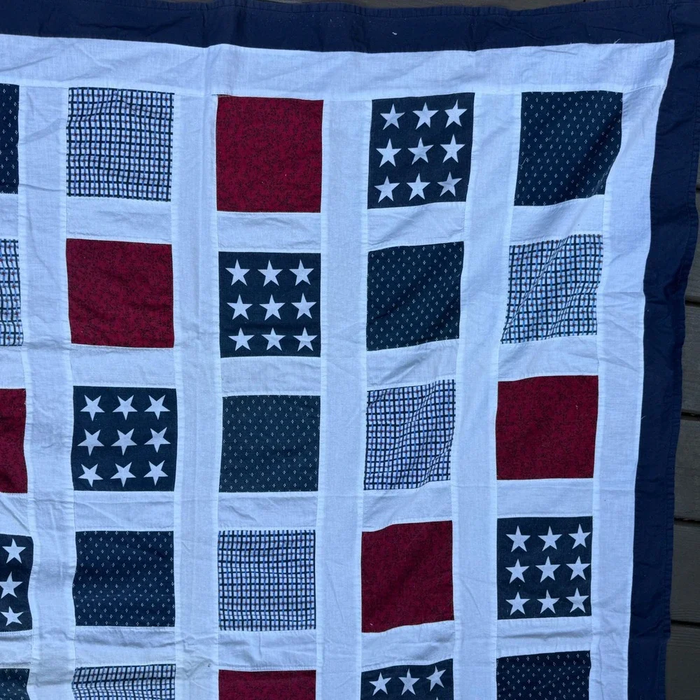 1. Handmade Patriotic Patchwork Quilt Top 70.5x54 Red White Blue Stars Americana